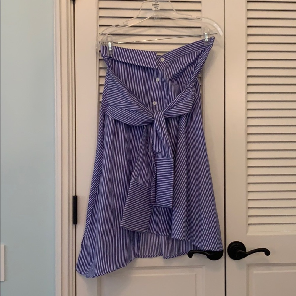 Blue and white stripe strapless dress with tie